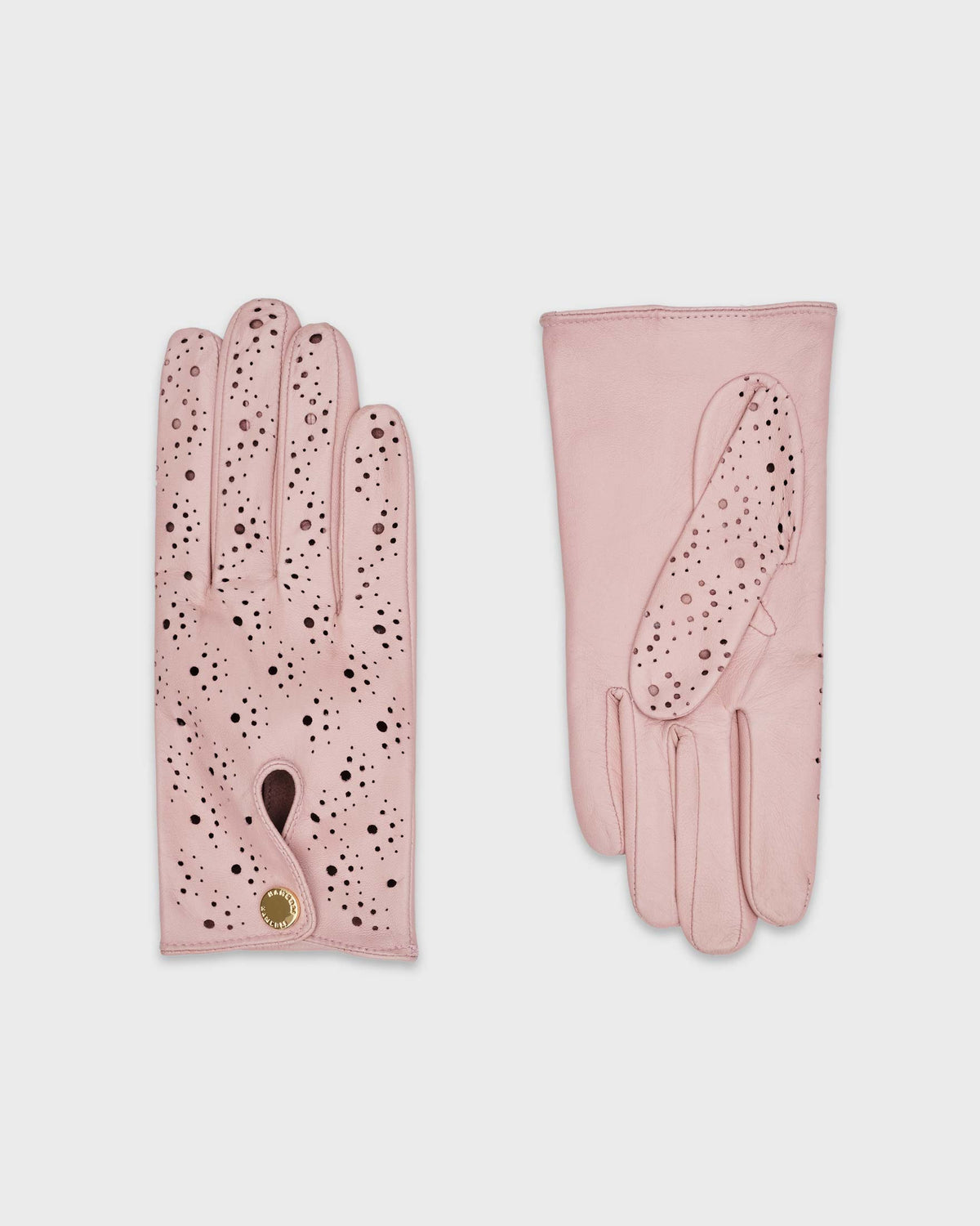 A pair of light pink premium Hamerli handmade leather gloves.