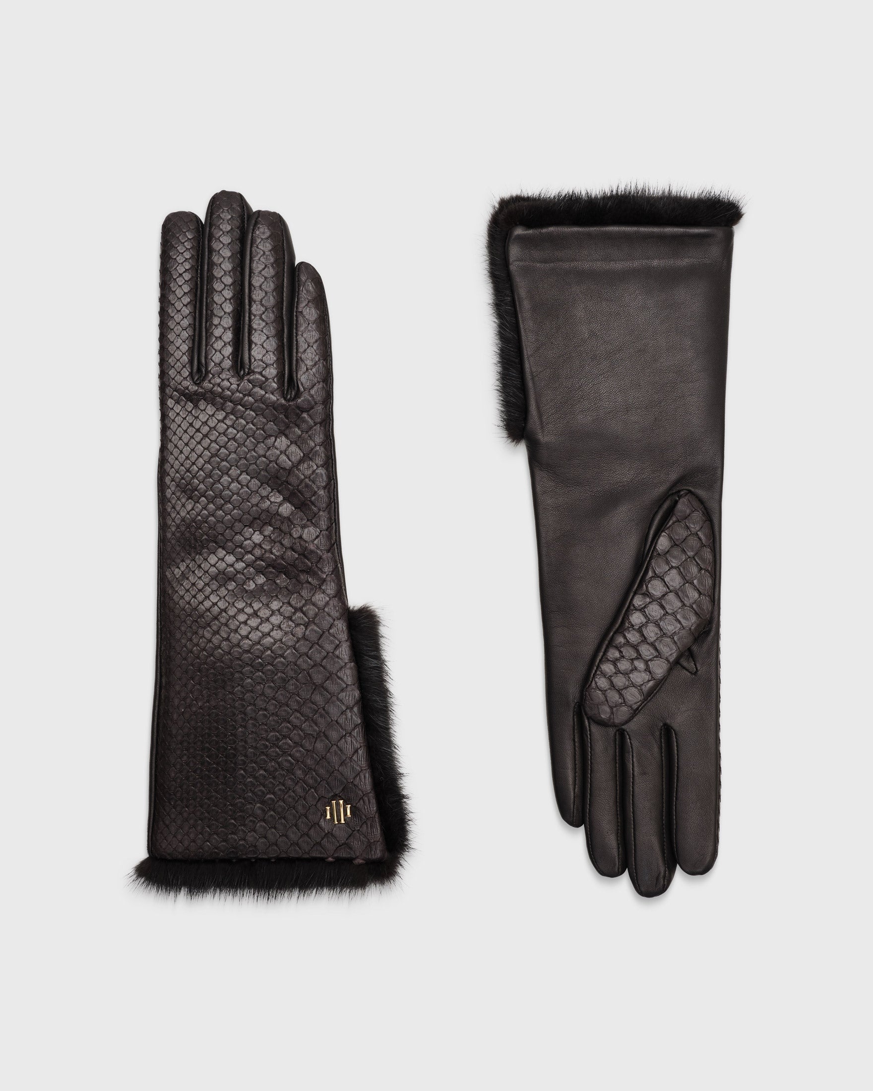 Jacqueline Black Python Gloves with Mink Fur Details Handmade Leather