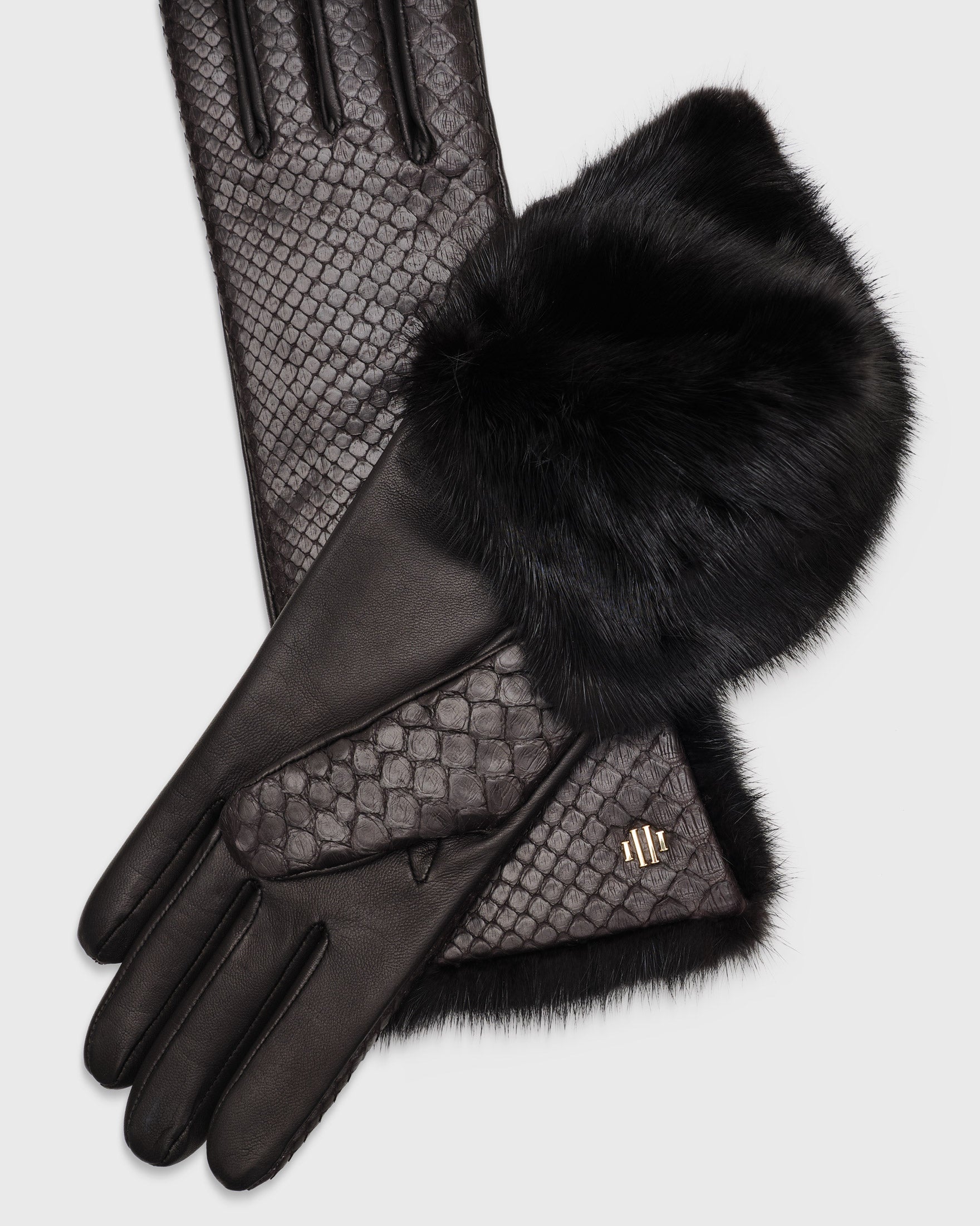 Jacqueline Black Python Gloves with Mink Fur Details Handmade Leather