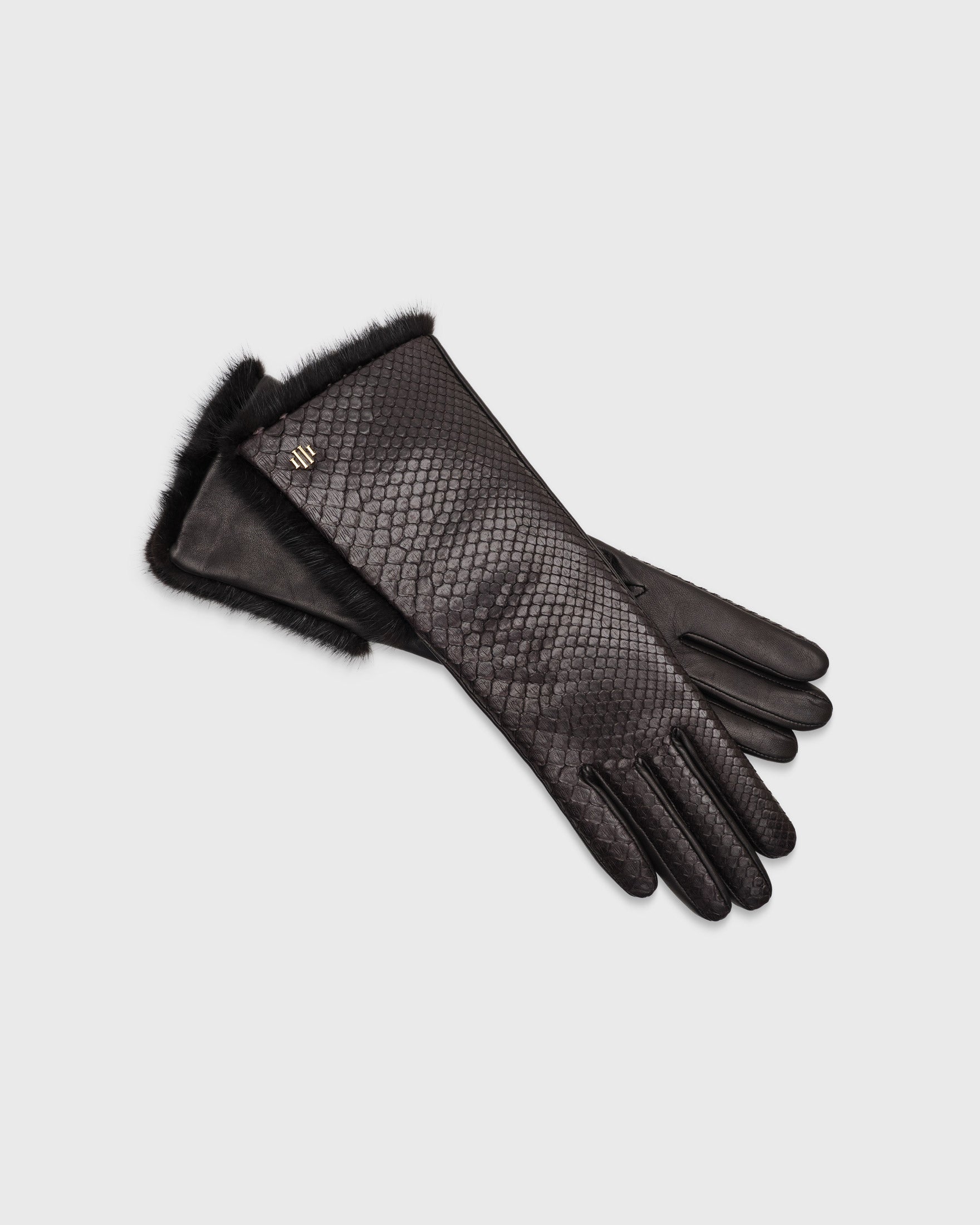 Jacqueline Black Python Gloves with Mink Fur Details Handmade Leather