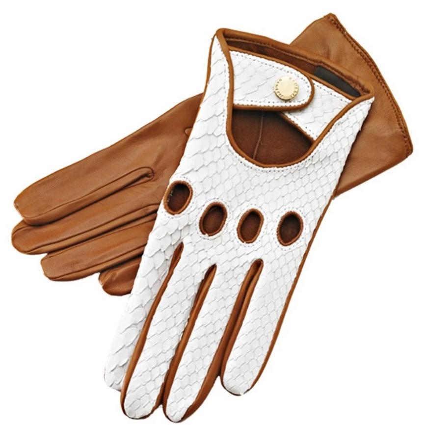 Charlotte Women's Python White / Brown leather driving gloves